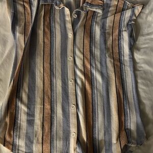 Striped Button Down Shirt - Blue, Brown, and Cream